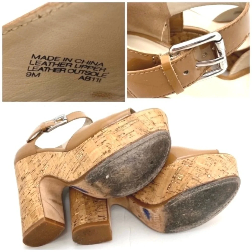 KORS Michael Kors Korey Patent Leather Cork Wedge Strap Sandal Camel Tan Size 9